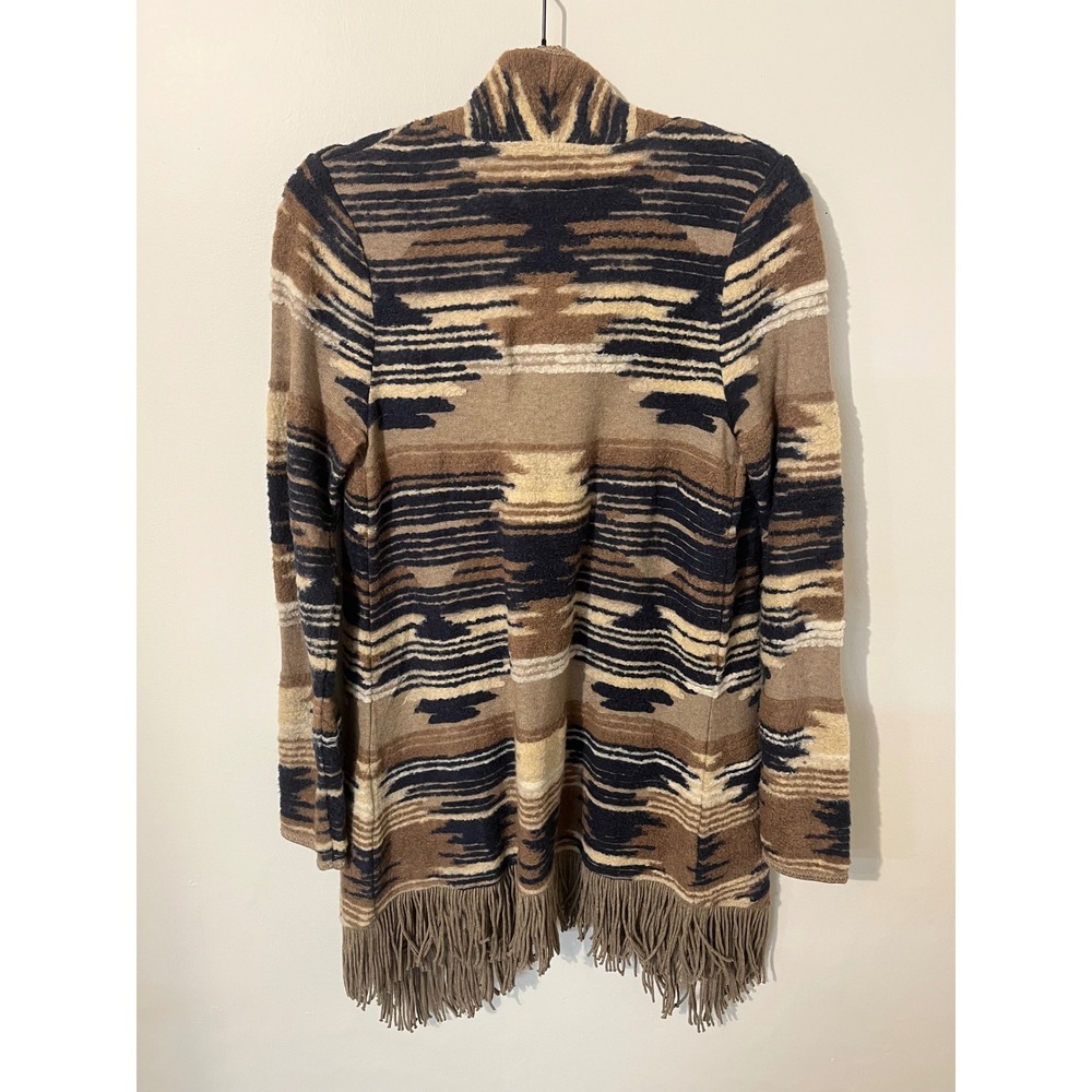 Lucky Brand Womens Southwestern Fringe Open Front Cardigan Brown Tan Navy Small - Picture 3 of 3